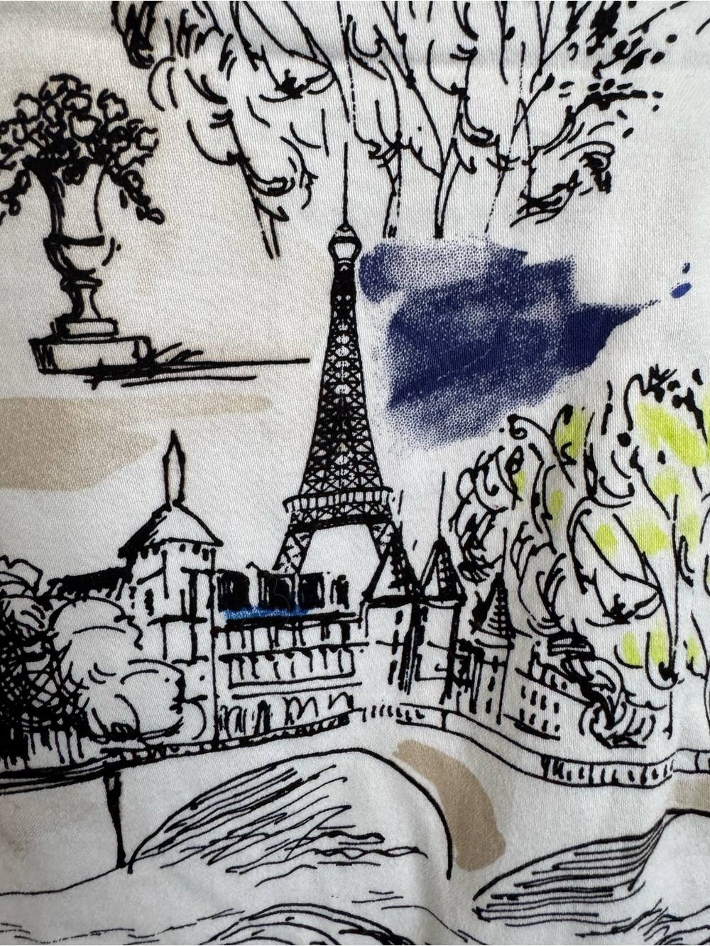 Chetta B Sleeveless Paris-Print Shift Dress in White with Navy & Lime Accents